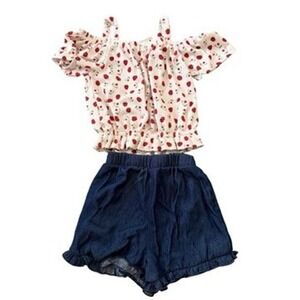 Heart and Arrow 2pc Set Strawberry Top Blue Ruffle Shorts Girls 4